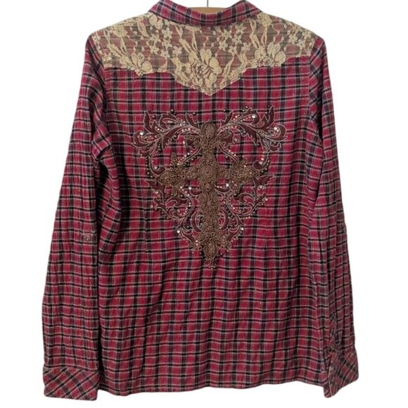 Miss Me Plaid Rhinestone Cross Lace Button Shirt Boho Bling Western Rodeo - Picture 3 of 9